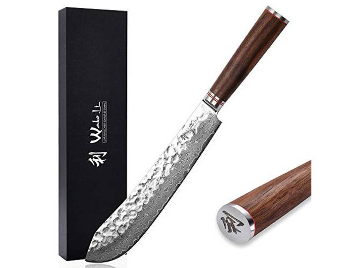 Wakoli Nussbaum BBQ Blockmesser 25 cm aus 67 Lagen Damaststahl, VG10 Kern BBQ Fleischmesser und Tranchiermesser für Brisket, Steak und Grillgut, mit Hammerschlag, Nussbaumholzgriff und Geschenkbox.