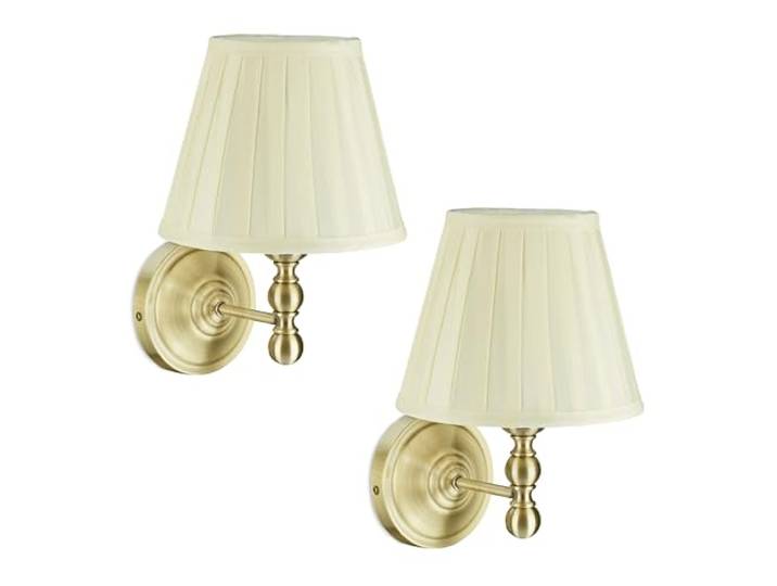 Relaxdays Wandlampe, 2er Set, Stoff-Schirm, antikes Design, E14, Wandleuchte, HBT: 30x20x23,5cm, elfenbeinweiß/Messing