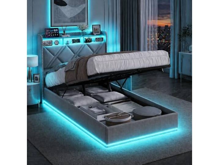 Polsterbett Jugendbett 90x200 mit Hydraulischer Stauraum, LED Einzelbett 90x200 mit Staufach-Kopfteil und USB-Anschlüssen, Funktionsbett Stauraumbett Bettgestell mit Lattenrost,Leinen