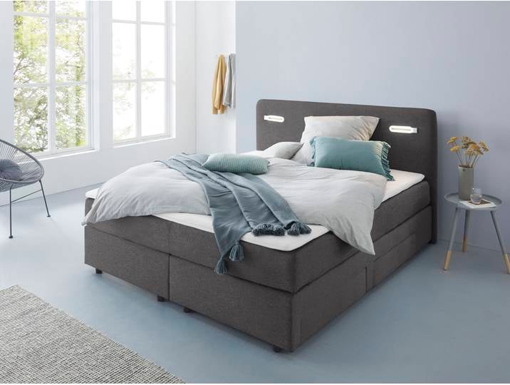 Boxbett, Polyester, Anthrazit, 180×200 cm, Mit Schubkästen & LED-Beleuchtung, Modern, Inosign