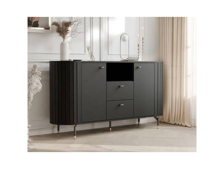 Commode Salon SENTO - Commode Chambre - 190x40x81 cm - 2 portes et 2 tiroirs - Noir