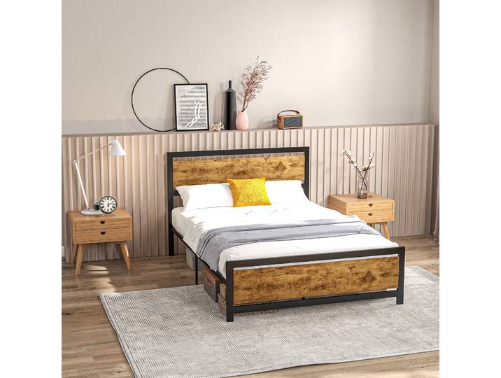 HOMCOM Lit 1,5 Place Industriel Bois Acier 140x200cm