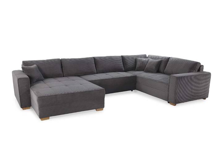 Wohnlandschaft U-Form Sofa Schlaffunktion Couch Bettkasten Cord Dunkelgrau / 15198