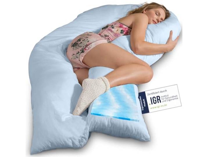 Traumreiter Visco XXL Seitenschläferkissen mit Bezug Baumwolle Hellblau - Hybrid Kissen + 1cm Memory Foam - U förmiges Schwangerschaftskissen Gel Body Pillow - Lagerungskissen Ergonomie Zertifiziert