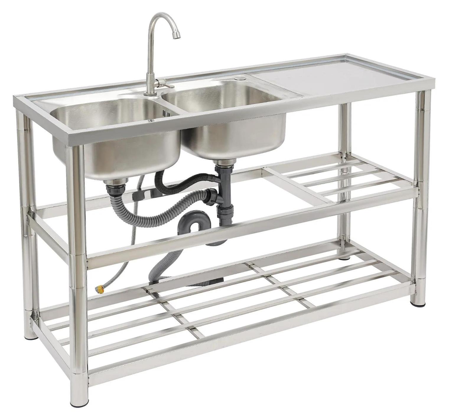 Freistehende Spüle aus Edelstahl - Doppelbecken Gastro Spültisch - Mit Wasserhahn - Abtropffläche - 3 Ablageböden - 120x45x80 cm - Silber