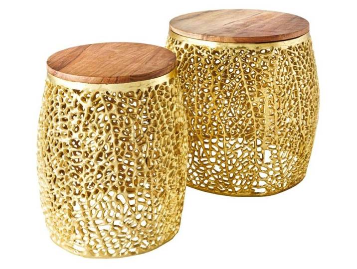 Lot de 2 tables basses METRIX dorées avec petit motif arrondi – Tables basses design en aluminium et bois d'acacia