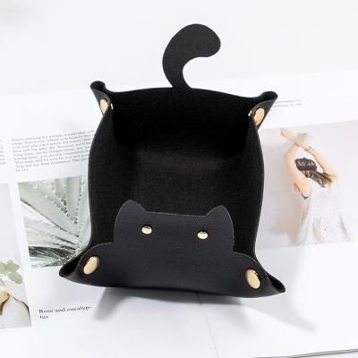 Discount Dollar Deals Creative Cat Shape PU Leather Storage Tray, Desktop Sundries Storage Box, Jewelry Organizer For Bedroom, Living Room black
