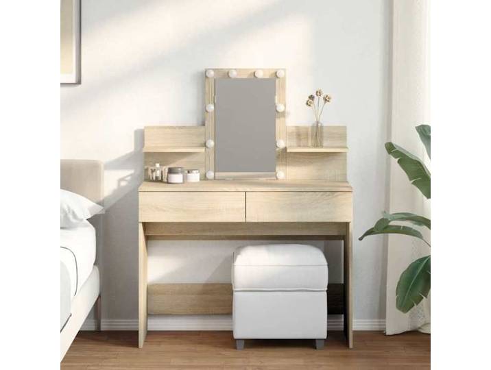 Coiffeuse LED chêne sonoma 100x40x130 cm éclairage intégré grand meuble beauté design scandinave