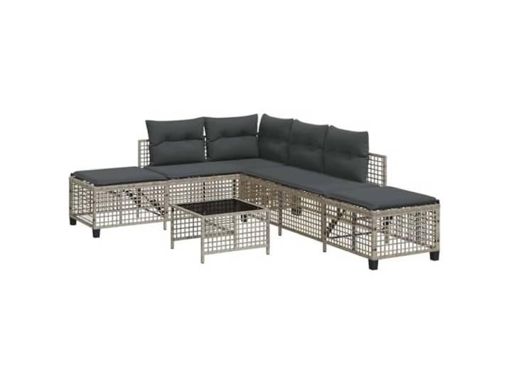 Ecksofa 3tlg. mit Kissen und Tisch, Rattan PE, Hellgrau Verstellbare Rückenlehne, 5 Positionen, dicke Kissen, gehärtetes Glas, pulverbeschichteter Stahl