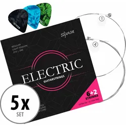 Shaman Electric Saiten für E-Gitarre inkl. 2 Ersatzsaiten und 3 Plektren 5x Set