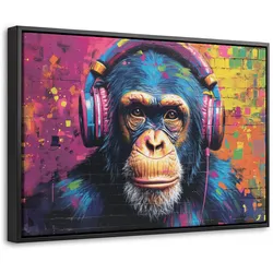 LEINWAND Bilder mit Rahmen - Graffiti - Schimpanse - Straßenkunst - Kopfhörer - Affe - 60x40