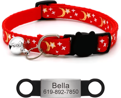 Inspire Curations Personalized Reflective Star & Moon Cat Collar With Engraved ID Tag red
