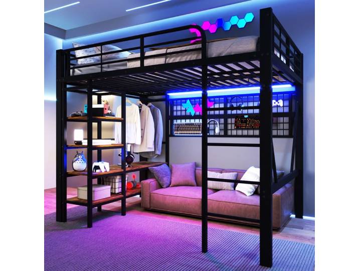 Lit mezzanine en métal - 140x200 cm - Noir - Cadre en fer - Étagère intégrée - Filet suspendu - Tringle à vêtements