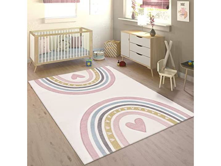 Paco Home Teppich Kinderzimmer Kinderteppich Junge Mädchen Pastell 3D Effekt Modern Regenbogen Herz Creme Rosa Grau, Grösse:200x290 cm