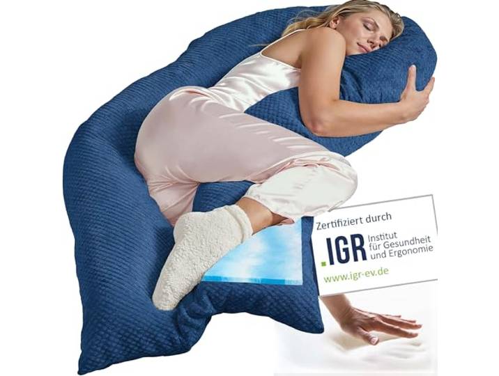 Traumreiter Seitenschläferkissen Visco M Wendekissen Memory Foam [orthopädisch] + Watte Seite Schwangerschaftskissen zum Schlafen, Stillkissen XXL Kissen, Komfortkissen mit Bezug Royal Blau Deluxe