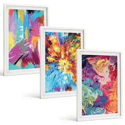 BILDER SET 3er Set - 40x60 cm Weißer Rahmen - Bunte abstrakte Farbmuster
