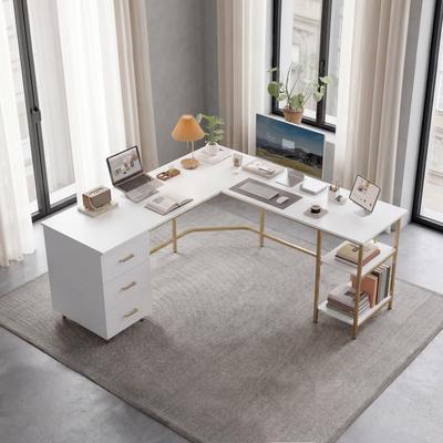 Techni Mobili L-Shape Home Office Two-Tone Desk with Storage