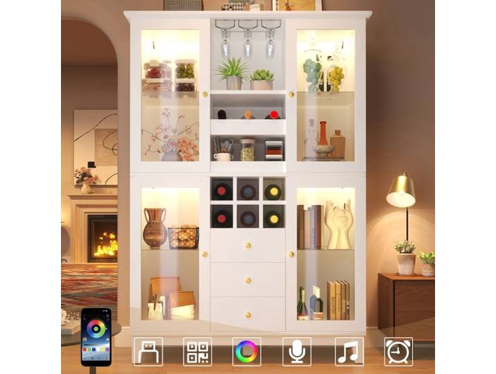 Buffet haut salle à manger moderne blanc-Meuble vaisselier cuisine avec éclairage LED-Armoire vitrine 3 tiroirs 120x40x180 5 cm
