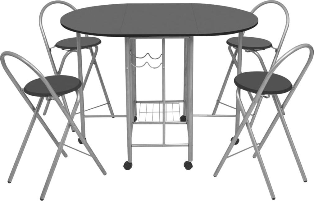 vidaXL Uitschuifbare eettafel met vijfdelige set en zwenkwielen, zwart