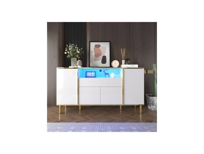 Lemonbest Buffet Salon 150cm Blanc Haute Brillance avec Lumière LED Compartiment Ouvert 4 Portes et 1 Tiroirs Commode 150x40x80cm