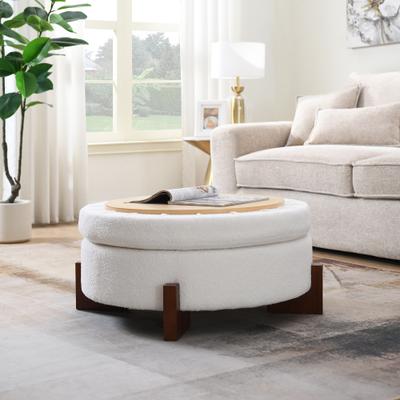 toswini 33-Inch Round Teddy Boucle Storage Ottoman with Solid Wood Legs