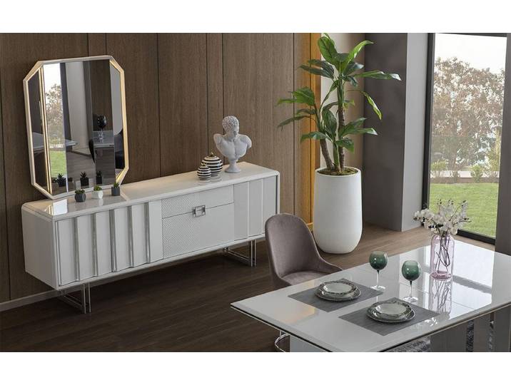 JVmoebel Sideboard Holzkommode mit Spiegel in Weiß und silbernen Akzenten, Made in Europa