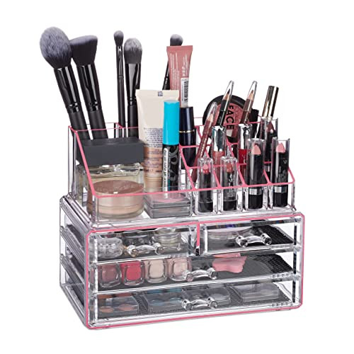 Relaxdays Make-up Organizer van acryl, transparant/roze