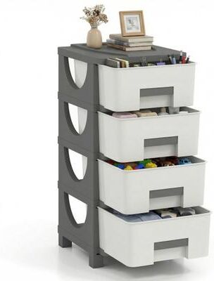 Costway Plastic Storage Organizer with Compact Drawer Cabinet Side Table for Bedroom-Gray