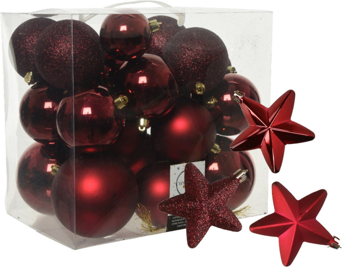 Decoris Kerstornamenten Set van 32 stuks - Kerstballen en Sterren - Donkerrood - Kunststof