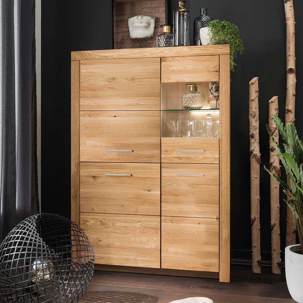 Pharao24.de Highboard Vitrine Glastür rechts Wildeiche Massivholz
