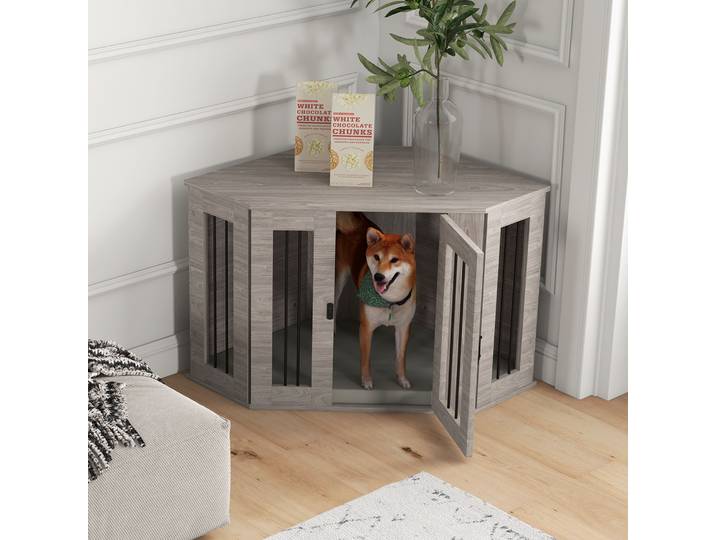 PawHut Cage pour Chien, Design d'Angle, incl. Verrouillage, 1 Coussin, 104 x 55 x 63 cm, Marron