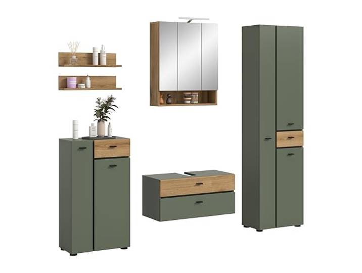 xonox.home – Badkombination inkl. Beleuchtung Aqua 207x191x35 cm in Sage Green & Evoke Oak – 5-teiliges Set mit LED-Licht & viel Stauraum – Exklusive Badezimmer-Serie für höchste Ansprüche und Design