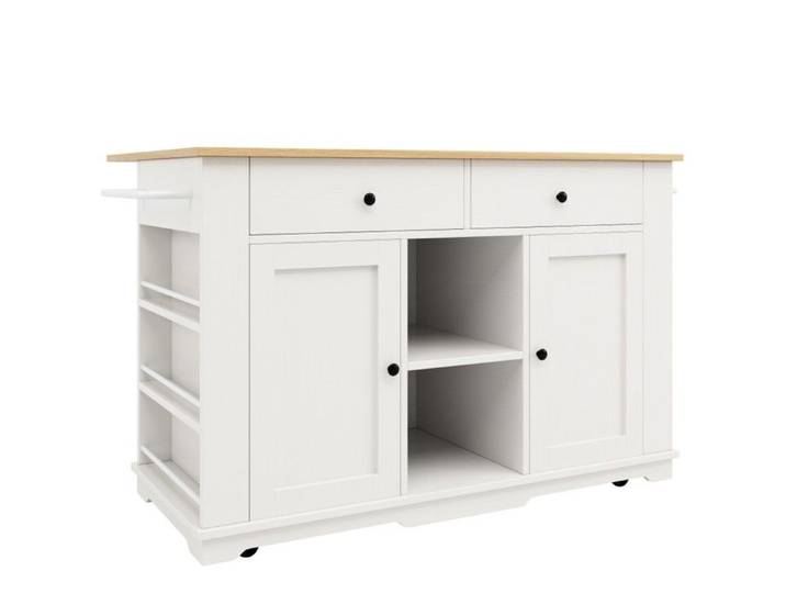 Îlot De Cuisine Buffet cuisine blanc avec îlot desserte équipée multiprise & plan de travail imitation bois