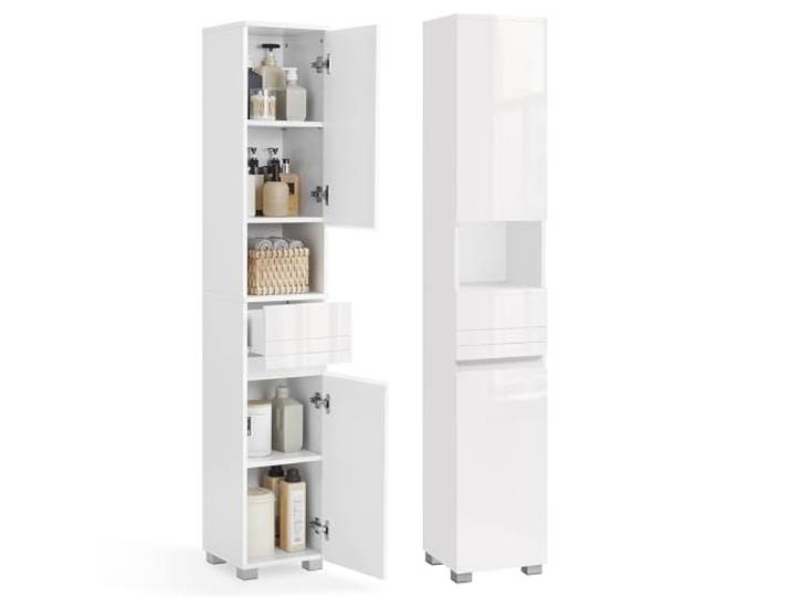 VASAGLE Meuble de Salle de Bain\, avec Tiroir\, 30 x 30 x 170 cm Meuble de Rangement\, Colonne\, Étagères Réglables\, Compartiments\, Blanc Nuage\, Collection Kailyn BBC560P31