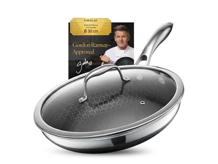 HexClad Hybrid-Pfanne – Edelstahl, alle Herdarten (Pfanne + Deckel, 30 cm) Kühlbleibende Griffe, spülmaschinen- und ofenfest bis 480 °C, kompatibel mit allen Herdarten