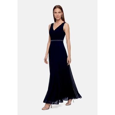 Abendkleid VERA MONT "Damen mit Plissee", Damen, Gr. 46, Normalgrößen, blau (night sky), Chiffon, Obermaterial: 100% Polyester. Besatz: 100% Polyester. Futter: 100% Polyester, festlich, ausgestellt lang, V-Ausschnitt, Kleider Abendkleid, Dekoelemente