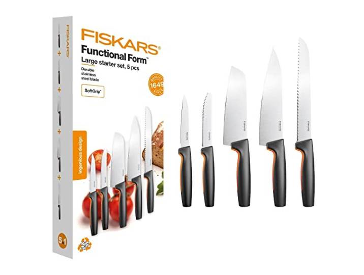 Fiskars Set de 5 Couteaux de Cuisine\, Functional Form Inclus: Couteau de Chef (grand)\, Couteau à Légumes\, Couteau à Tomates\, Inox Japonais/Plastique\, 1057558