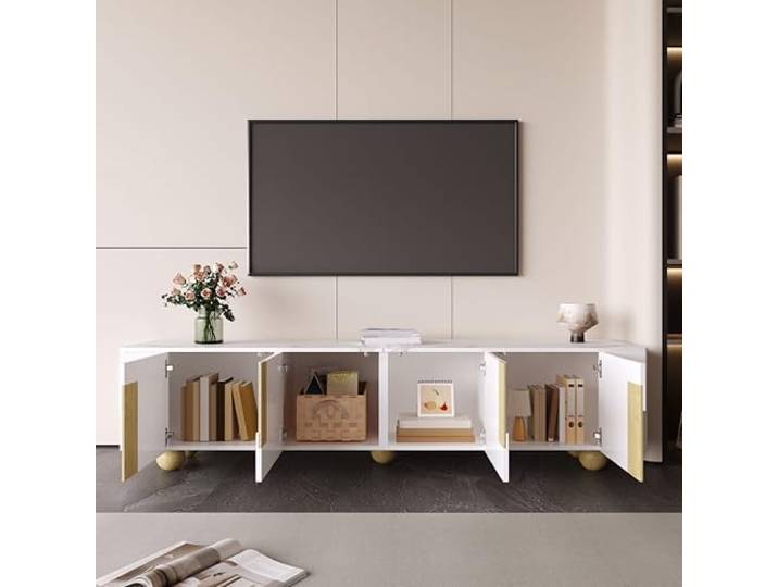 QLTXYHML TV-Möbel in Marmoroptik, 4 Türen, minimalistischer Stil, Kugelfüße