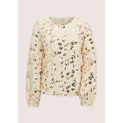 Langarmshirt MADELEINE "Sweatshirt Glitzersweatshirt mit Federn", Damen, Gr. 40, beige (beige, goldfarben), Obermaterial: 100% Polyester PES., Modern, Shirts Langarmshirt