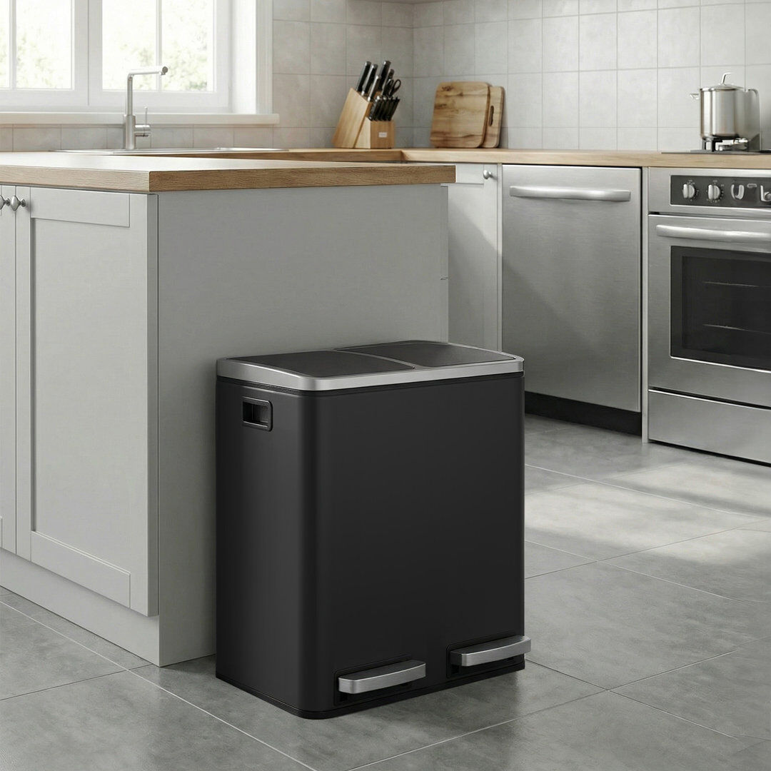 Songmics Steel Step On Multi-Compartment Rubbish & Recycling Bin Black 30L