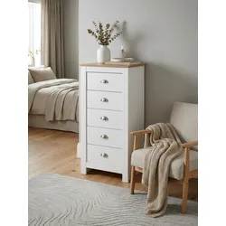 Sideboard – Weiß/Eiche, 53x114x39 cm, 5 Schubladen, schmal