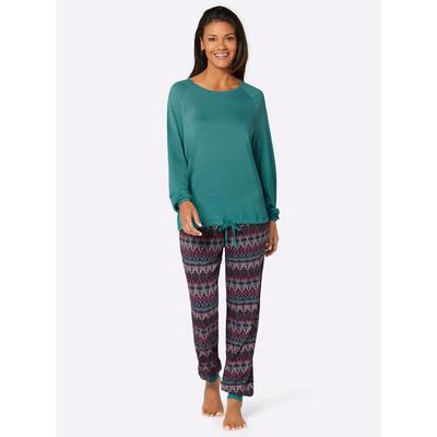 Schlafanzug WÄSCHEPUR, Damen, Gr. 44/46, grün (smaragd, bedruckt), 95% Viskose, 5% Elasthan, Homewear-Sets Schlafanzug