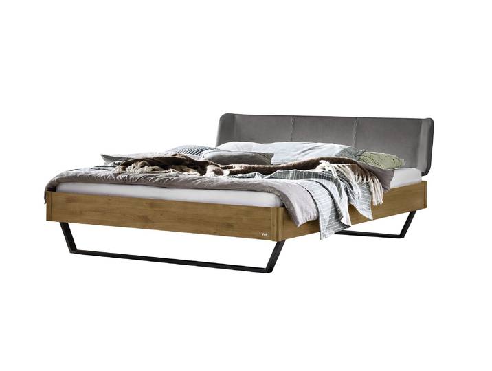 Bettgestell, Wildeiche Massivholz, Braun, 180×200 cm, Gepolstertes Kopfteil, Hasena