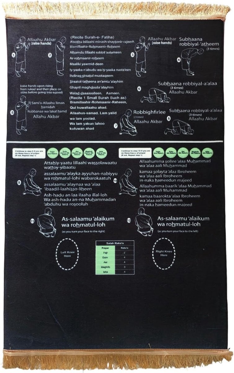 Islamitisch gebedstapijt met tweetalige handleiding voor stapsgewijs leren bidden, 80 x 120 cm