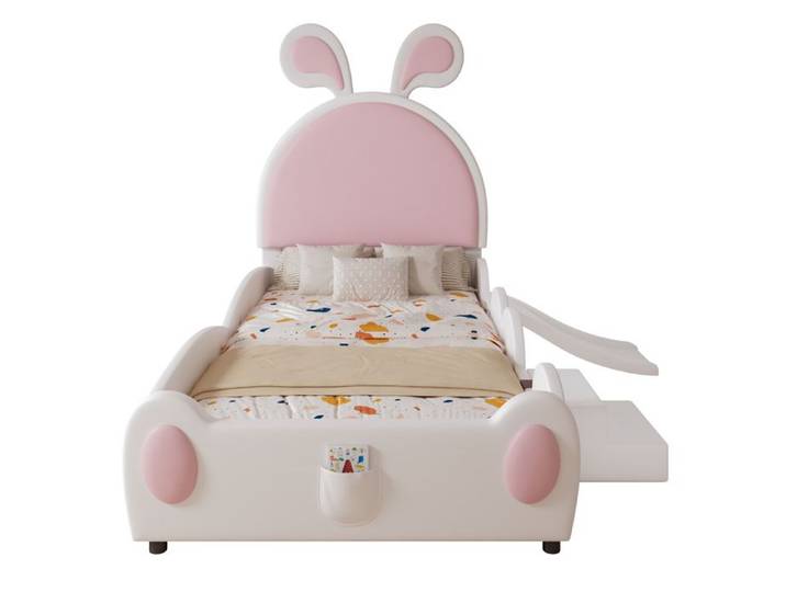 Lit enfant 90x200cm avec toboggan et petite échelle tête de lit oreilles de lapin stable PU blanc rose