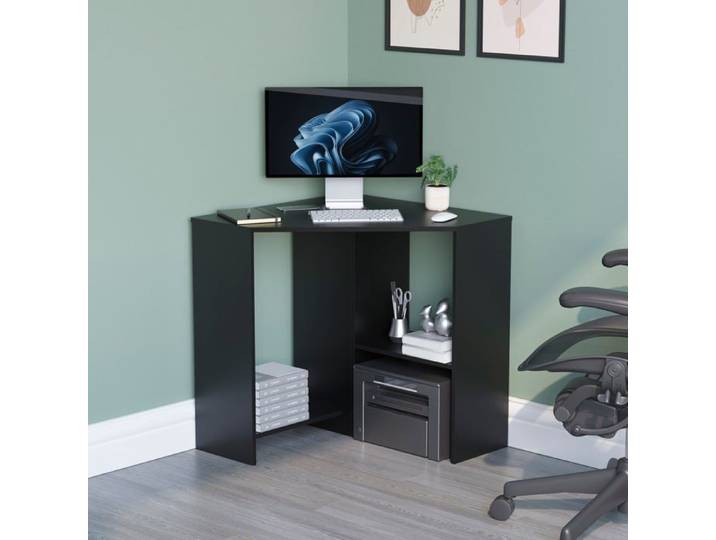 Bureau d'angle Hetton avec étagères – Bureau pour ordinateur portable meuble de bureau à domicile noir