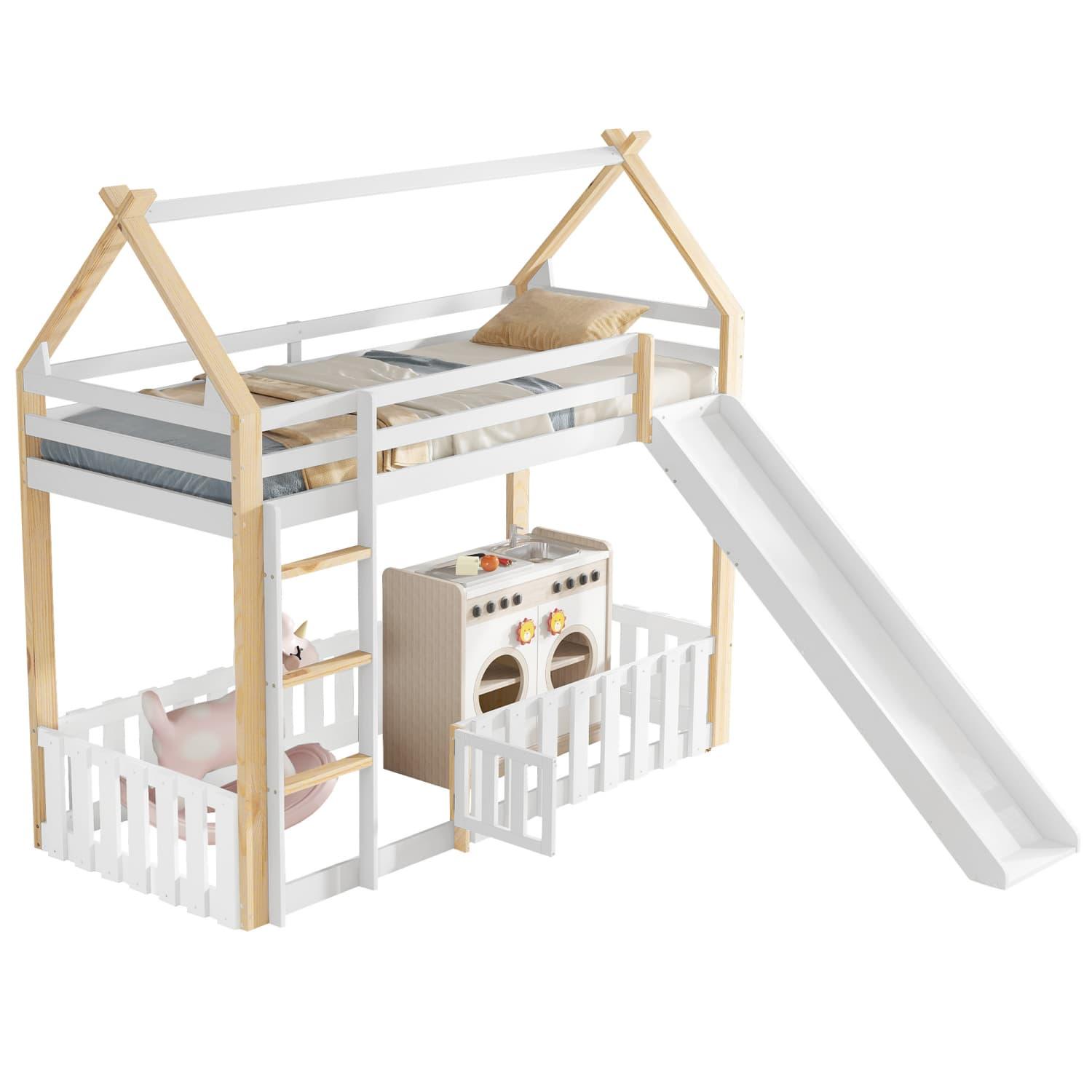 Etagenbett, Kinderbett, Exquisite Dachform, Mit Lustige Kinderrutsche, Freier Raum mit Zaun, Stabile Lattenroste und Leiter,Kiefer+MDF+Sperrholz
