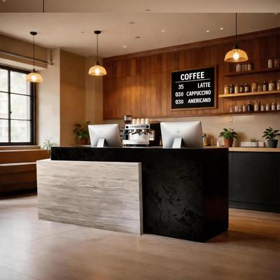WESOME Modern Reception Desk with Black Stone & Travertine Finish Large Reception Counter for Office, Clinic, Lobby