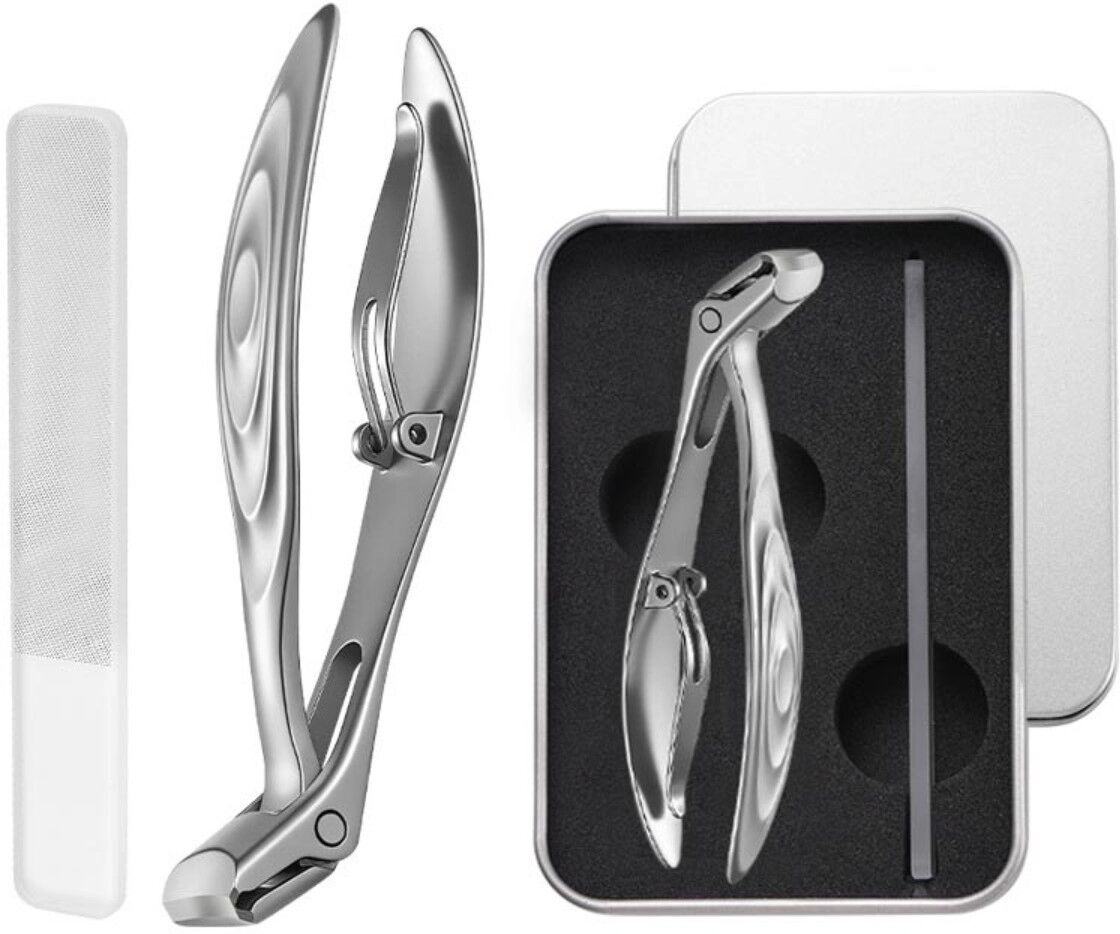 INF Abgewinkeltes Anti-Spritz Nagelknipser-Set (Nagelknipser + Nano-Feile) — 45° Kopfwinkel, 8mm Maulöffnung, Edelstahl Silber