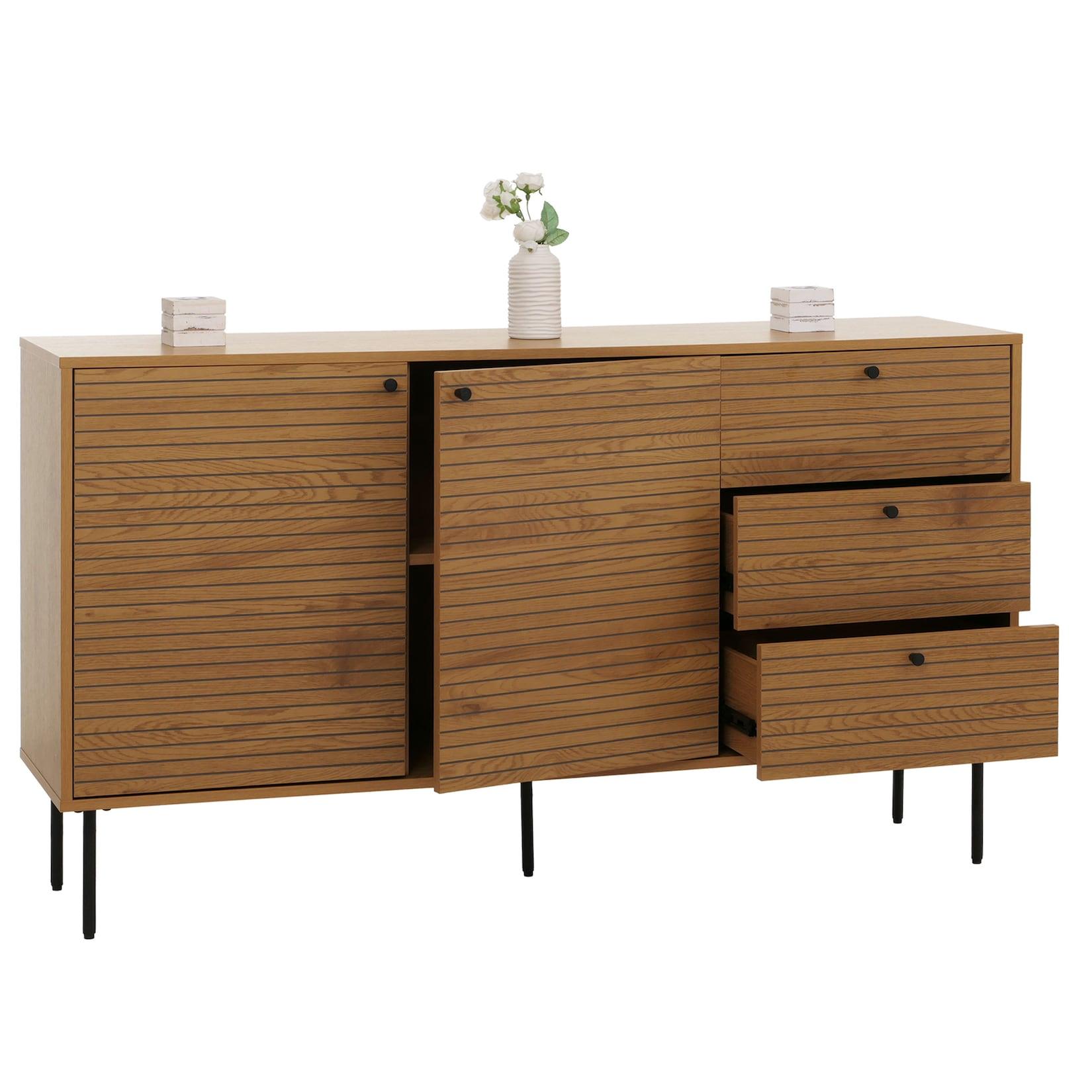 Kommode MCW-N78, Sideboard, 3 Schubladen 2 Türen, skandinavischer Stil Metall Holz Melamin MVG 85x150x40cm ~ natur